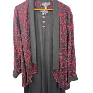 Vintage CAROLE LITTLE Dress Womens 14 - Red/Black Leaf Pattern With Jacket